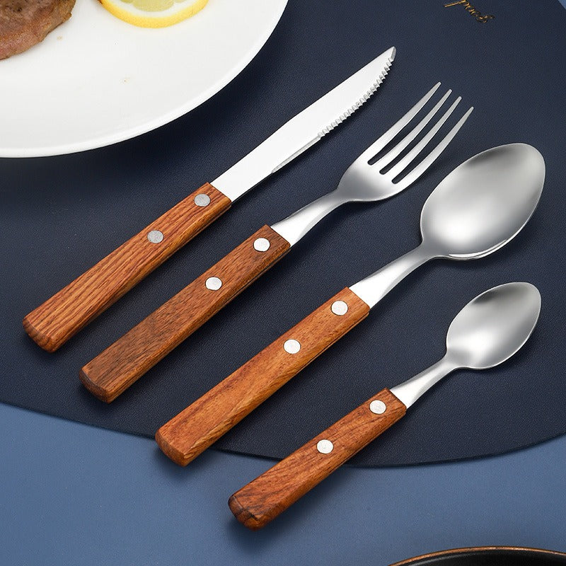 304 Pear Wood Knife And Fork Spoon Stainless Steel Cutlery Solid Wood Handle Steak Knife And Fork Spoon Dessert Spoon Chopsticks