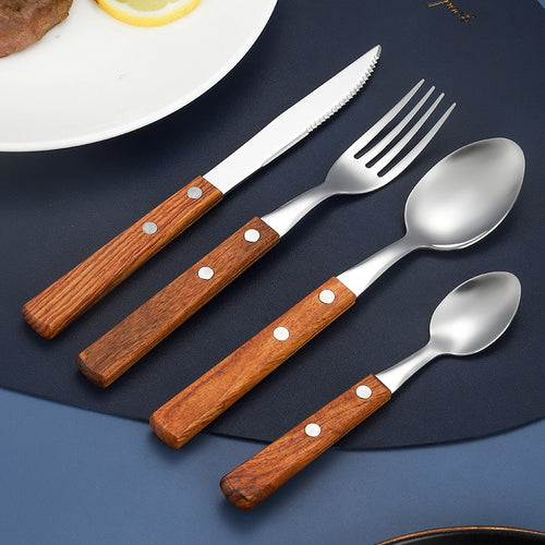 304 Pear Wood Knife And Fork Spoon Stainless Steel Cutlery Solid Wood Handle Steak Knife And Fork Spoon Dessert Spoon Chopsticks