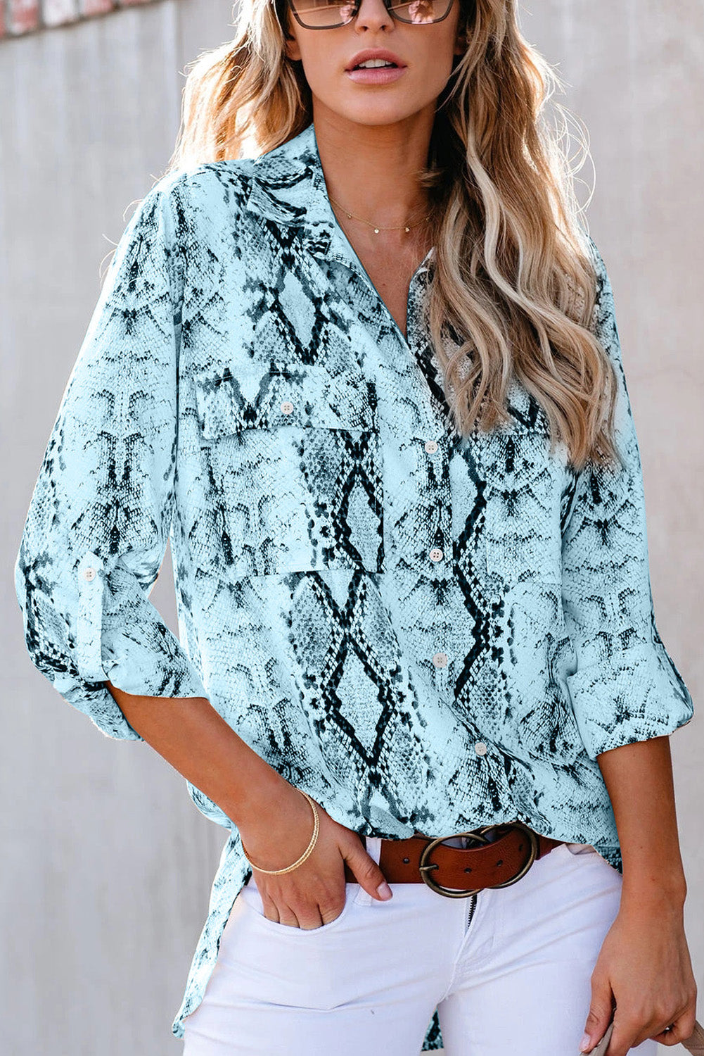 Brown Wild Snake Print Shirt with Pockets