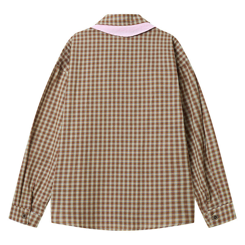 Brown plaid long sleeved lapel shirt