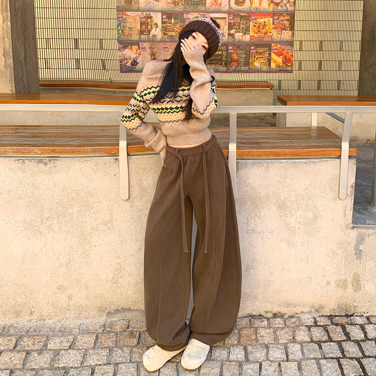 Muted Brown Knife-Edge Pants Women Loose Lazy Style Pants