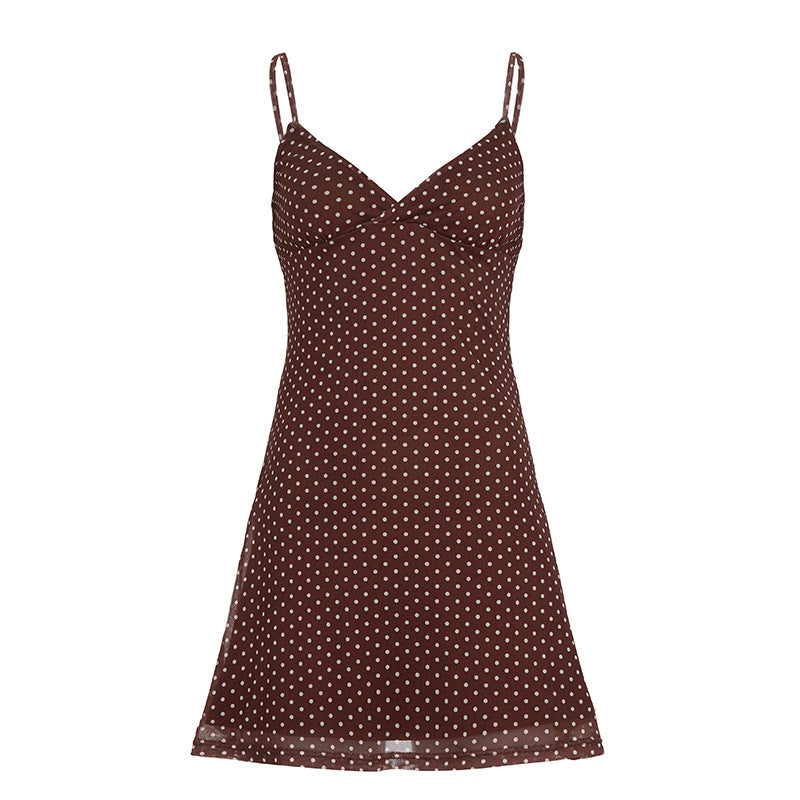 Brown polka dot V-neck camisole skirt