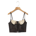 Spicy girl style brown patchwork base shirt with short suspender top