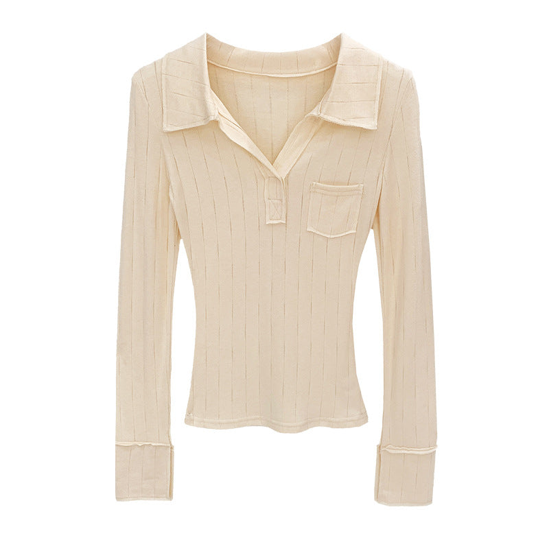 Brown Polo Neck Long Sleeve T-Shirt for Women