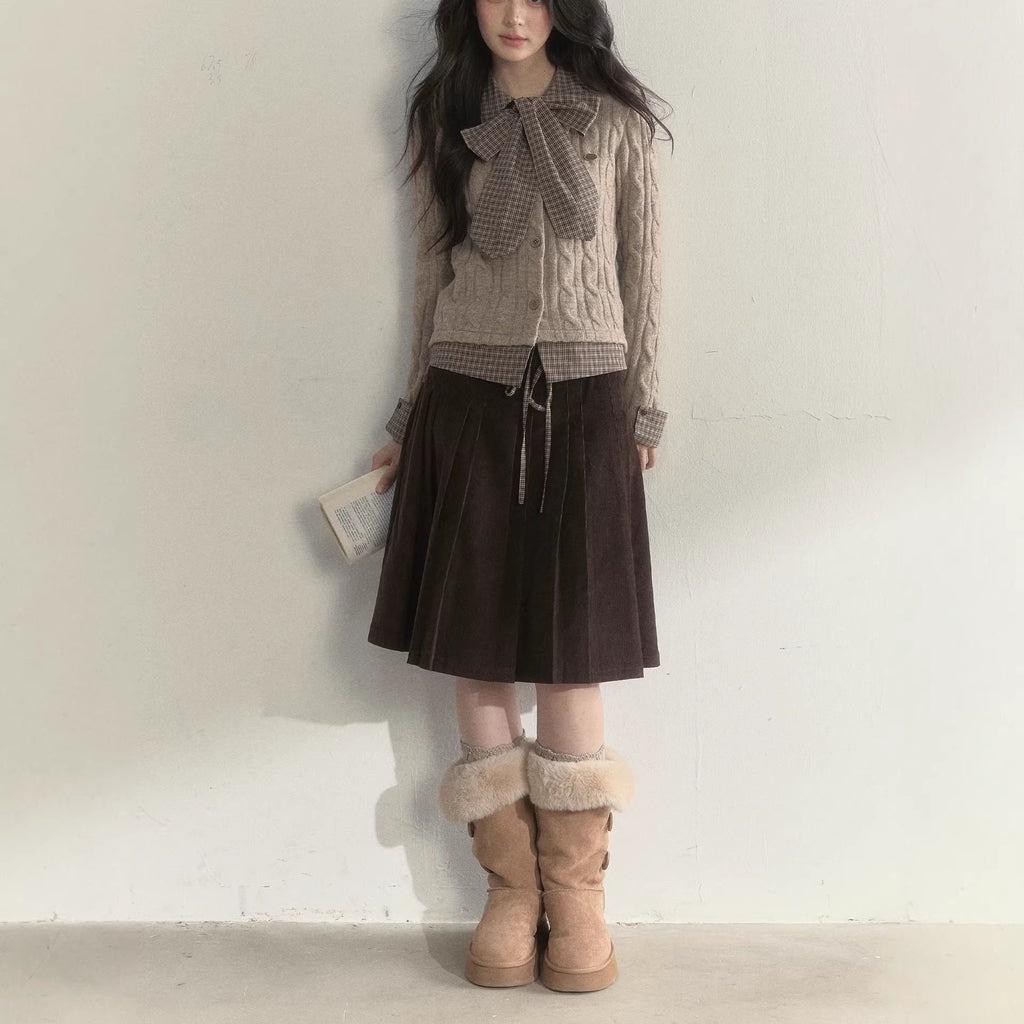 Brown Corduroy Double Waistband Design Pleated Skirt