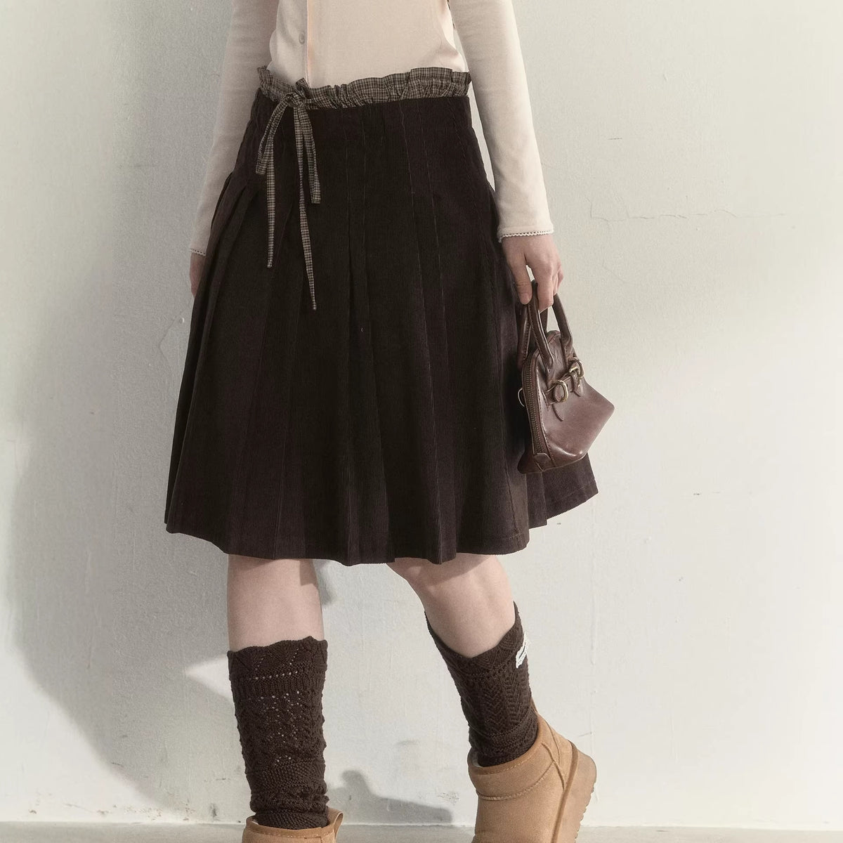 Brown Corduroy Double Waistband Design Pleated Skirt