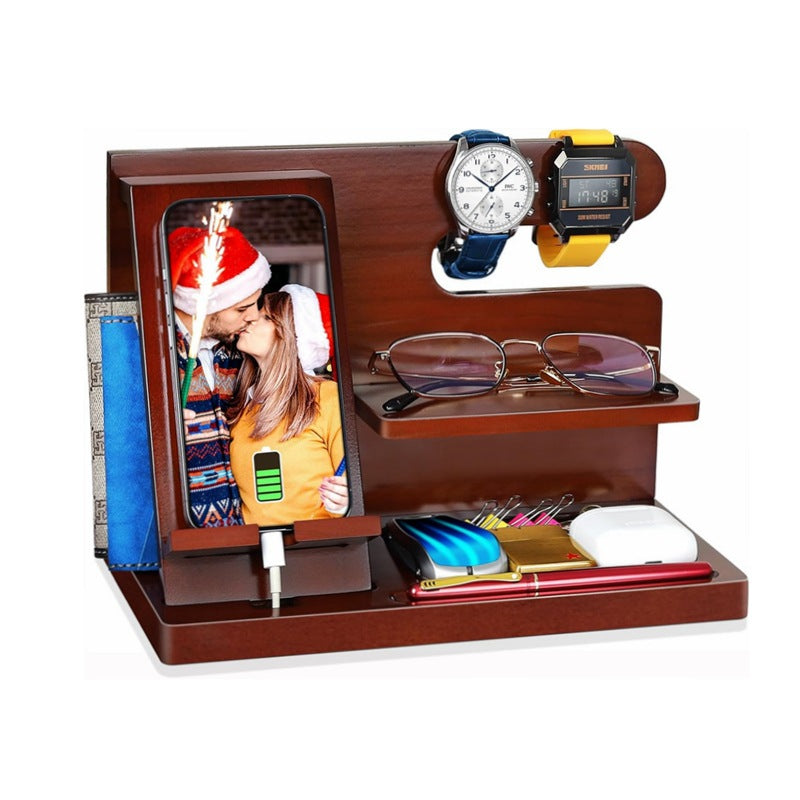 Creative Solid Wood Multi-functional Phone Stand with Charging Function, Office Desk Pine Wood Earphone and Small Item Organizer