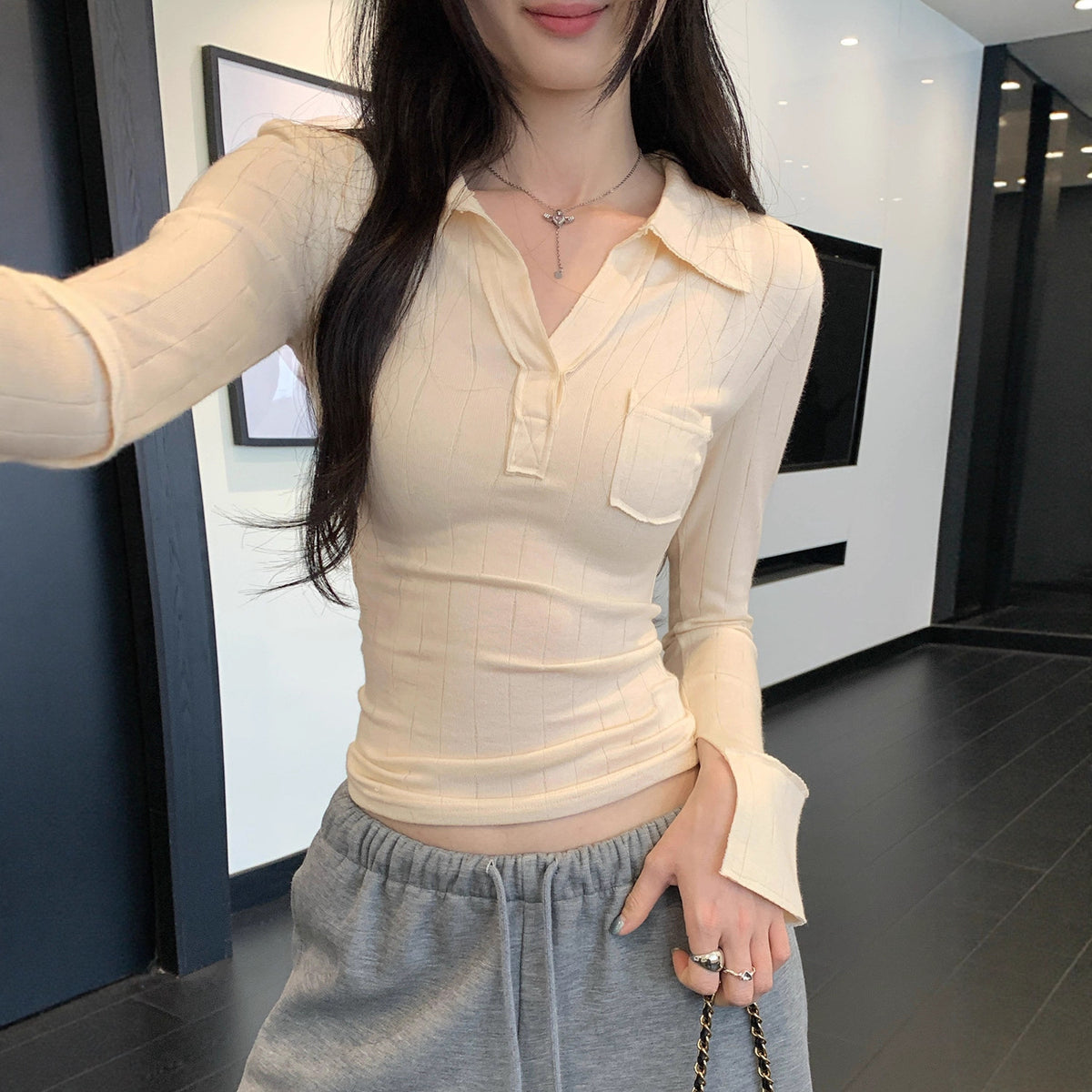 Brown Polo Neck Long Sleeve T-Shirt for Women