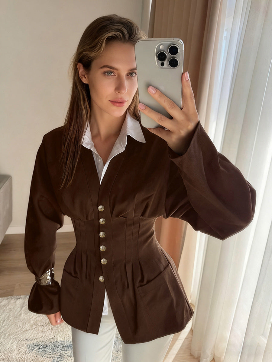 Slim fit brown long sleeved women's shirt