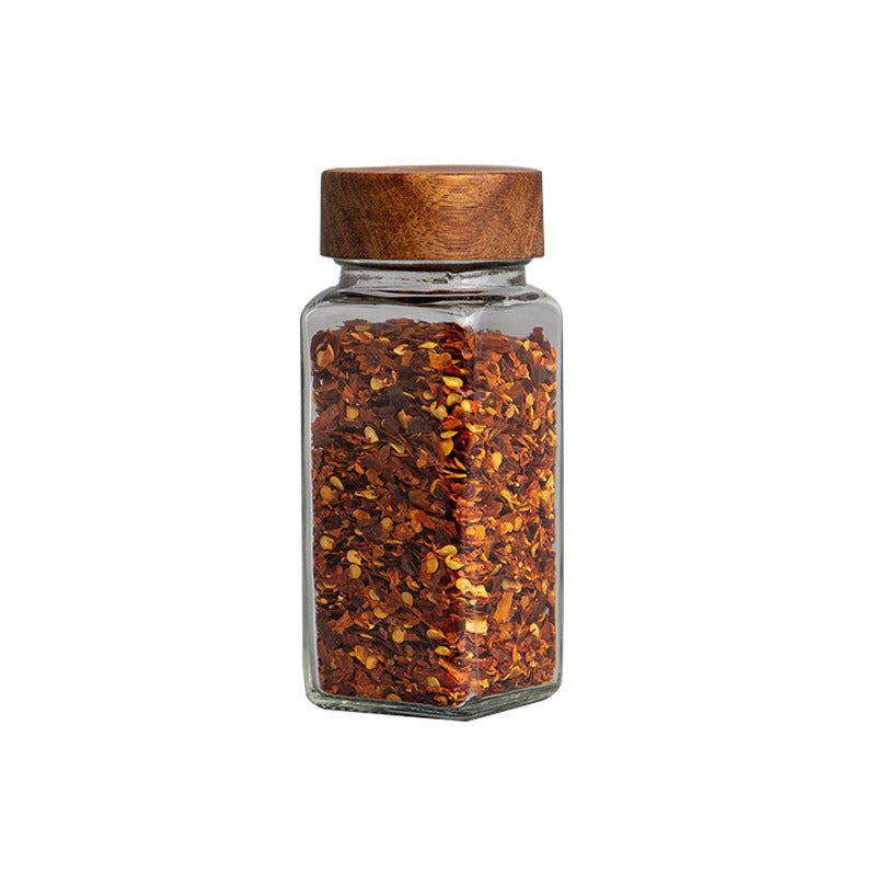 Acacia Wood Cover 120ml Square Glass Seasoning Jar 6Pcs