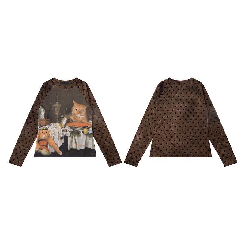 Shouldered long sleeved shirt with brown polka dot sleeves oil painting