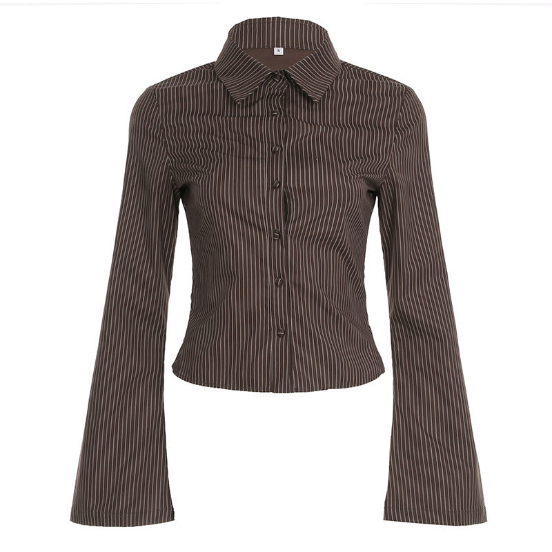 Brown striped lapel shirt T-shirt
