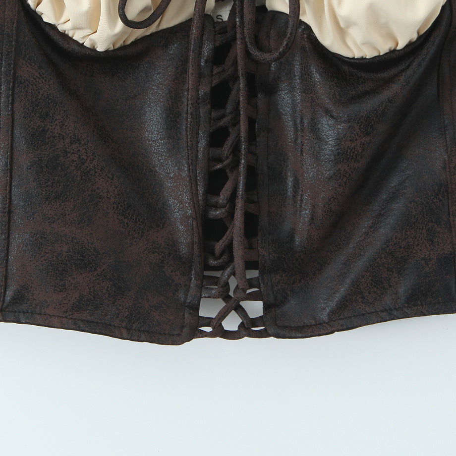 Spicy girl style brown patchwork base shirt with short suspender top