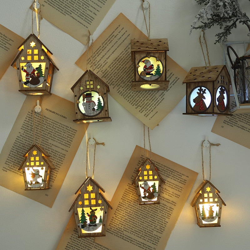 Festival Led Light Wood House Santa Claus Christmas Tree Decorations