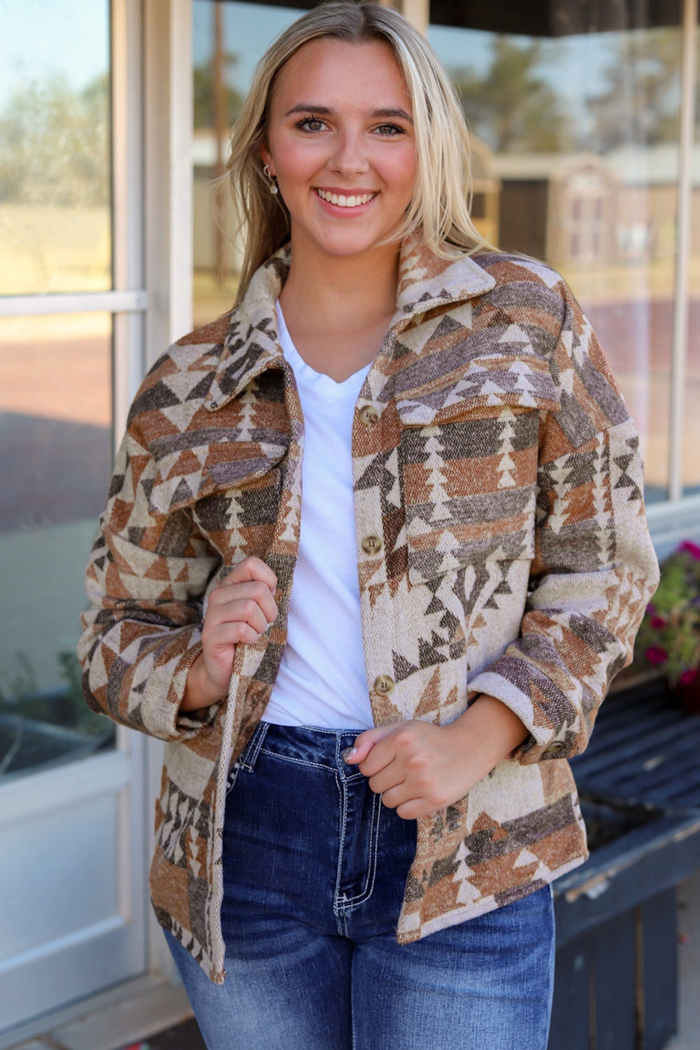 Brown Aztec Print Flap Pocket Button-up Jacket