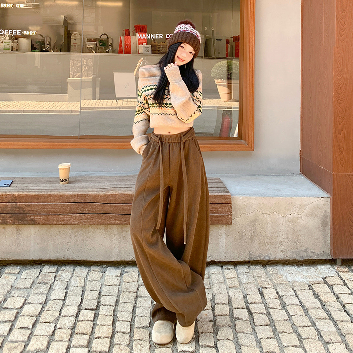 Muted Brown Knife-Edge Pants Women Loose Lazy Style Pants