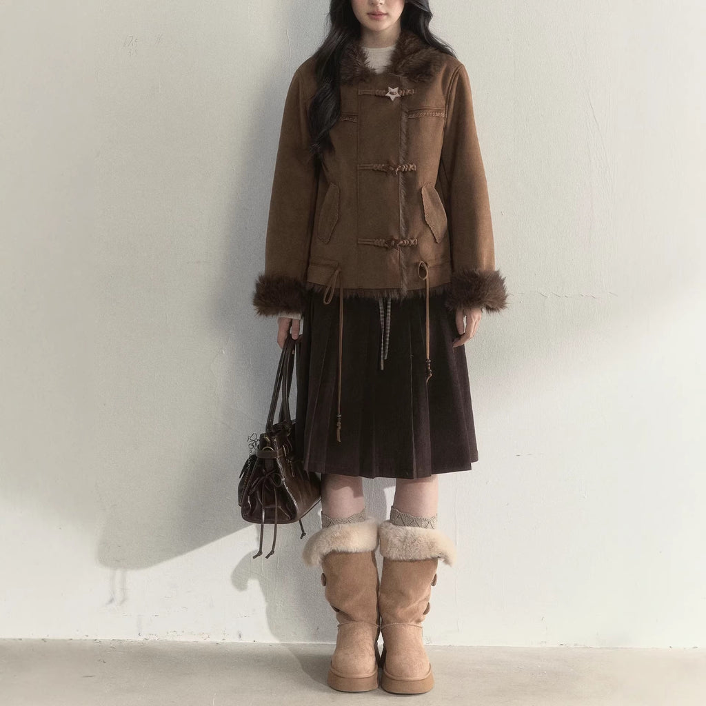 Brown Corduroy Double Waistband Design Pleated Skirt
