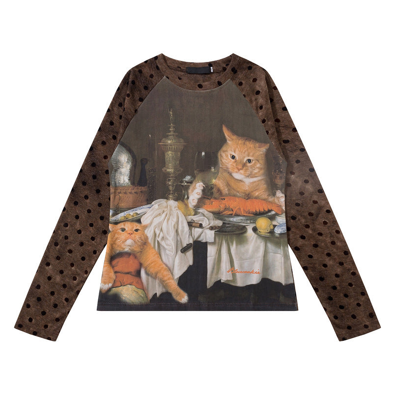 Shouldered long sleeved shirt with brown polka dot sleeves oil painting