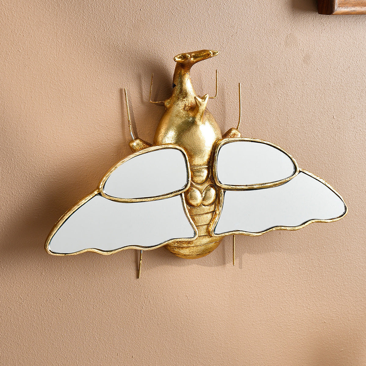 Mirror wall decoration with winged beetle