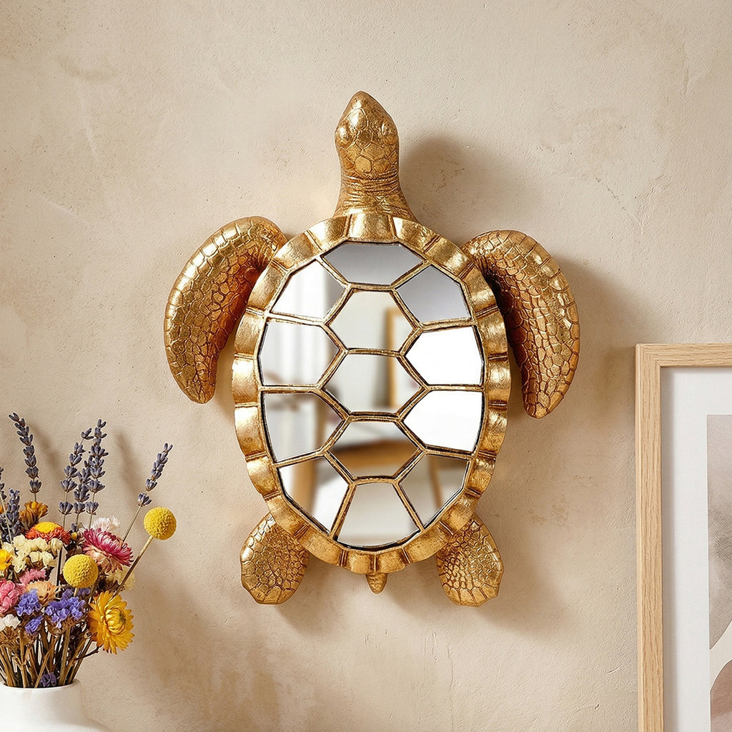 Golden resin turtle statue mirror glass decoration