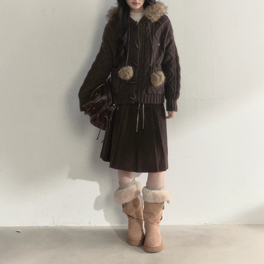Brown Corduroy Double Waistband Design Pleated Skirt