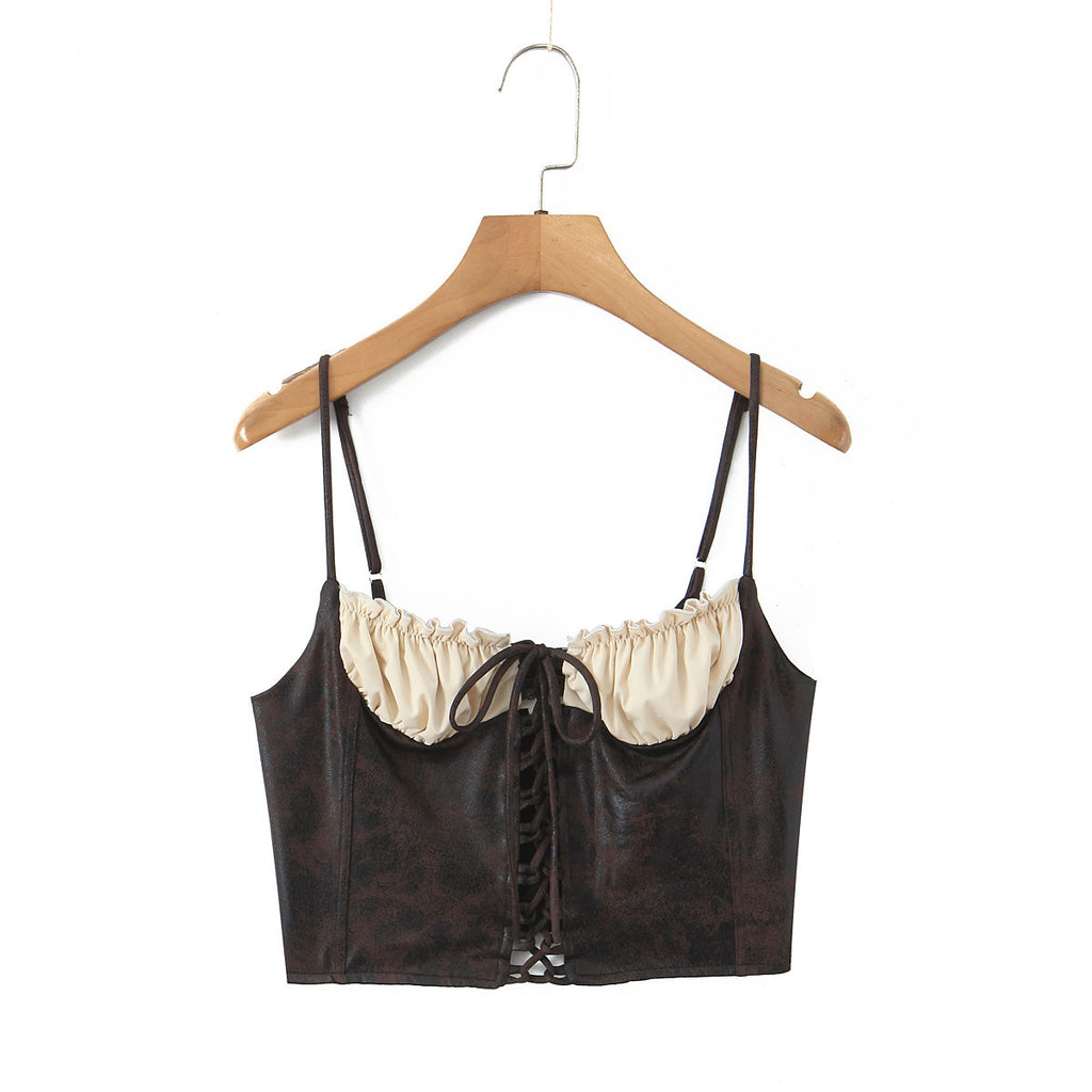 Spicy girl style brown patchwork base shirt with short suspender top
