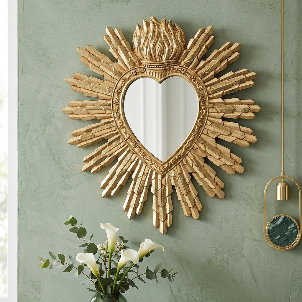 Heart shaped solar wall mounted mirror