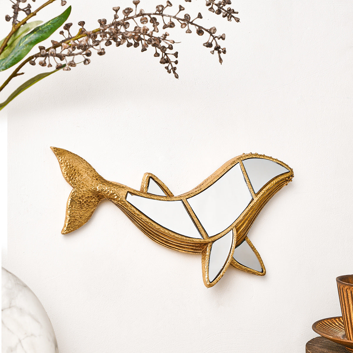 Golden whale mirror wall decoration