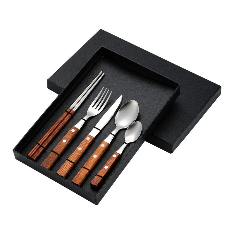 304 Pear Wood Knife And Fork Spoon Stainless Steel Cutlery Solid Wood Handle Steak Knife And Fork Spoon Dessert Spoon Chopsticks
