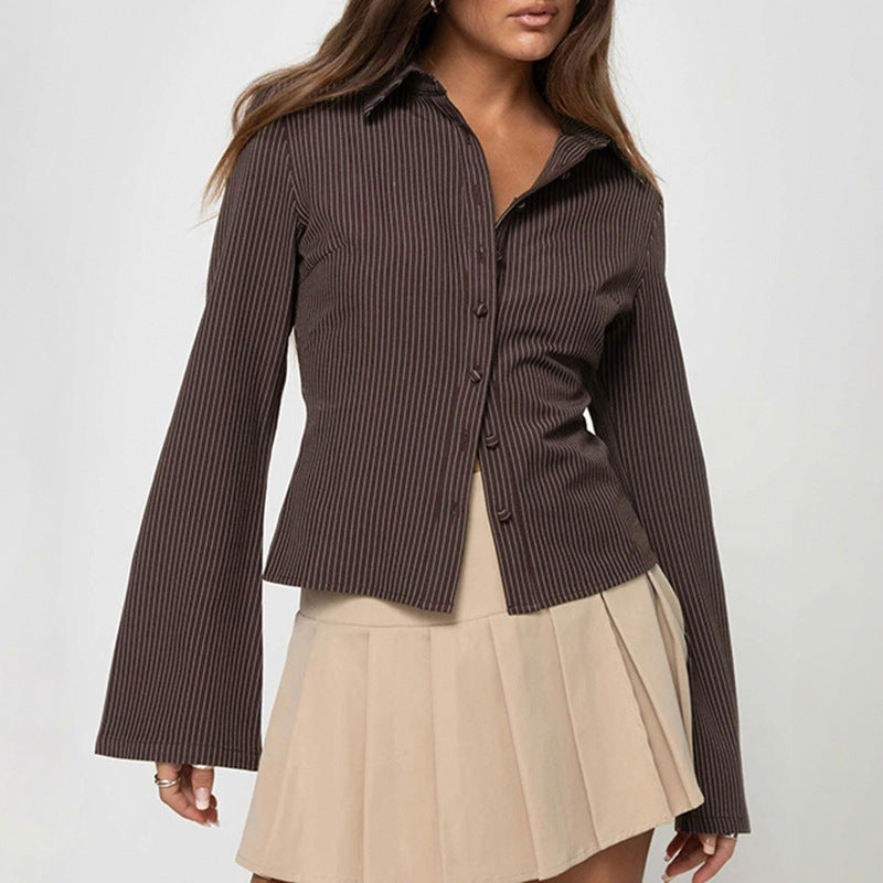 Brown striped lapel shirt T-shirt