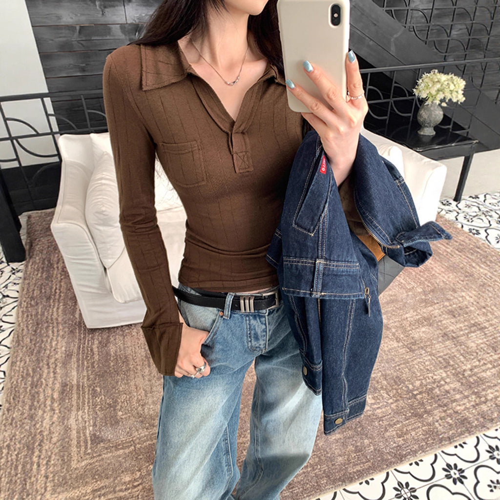 Brown Polo Neck Long Sleeve T-Shirt for Women