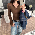 Brown Polo Neck Long Sleeve T-Shirt for Women