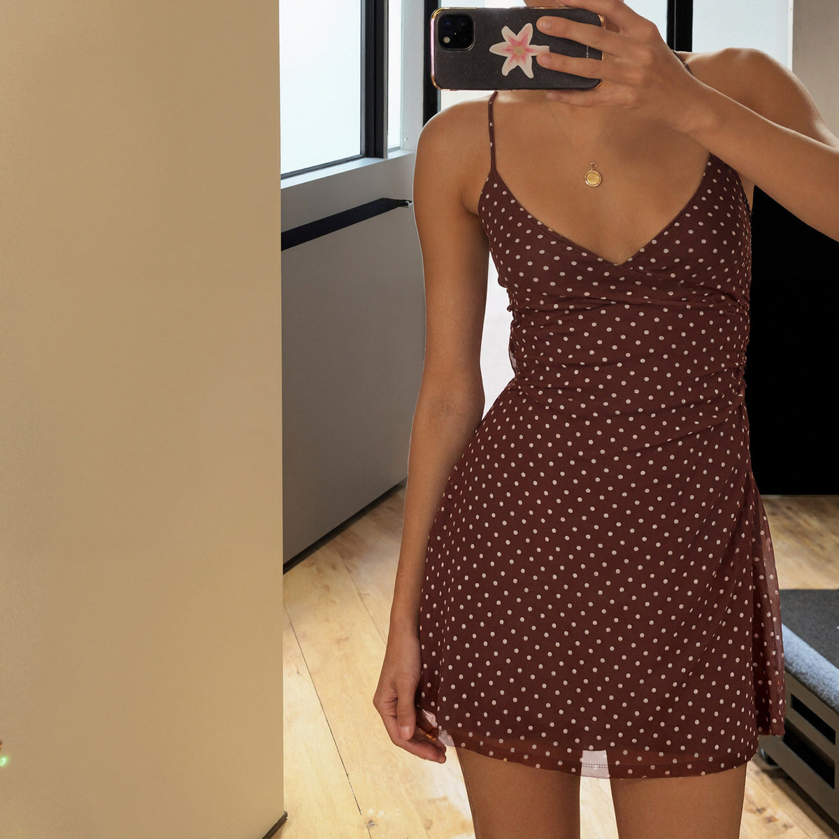 Brown polka dot V-neck camisole skirt