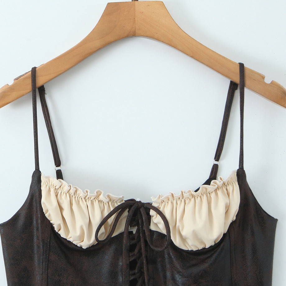 Spicy girl style brown patchwork base shirt with short suspender top