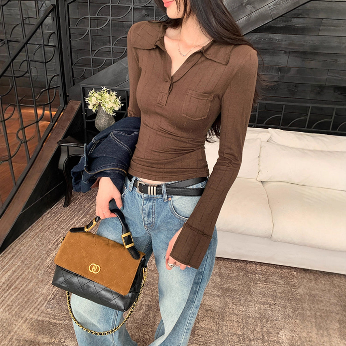 Brown Polo Neck Long Sleeve T-Shirt for Women