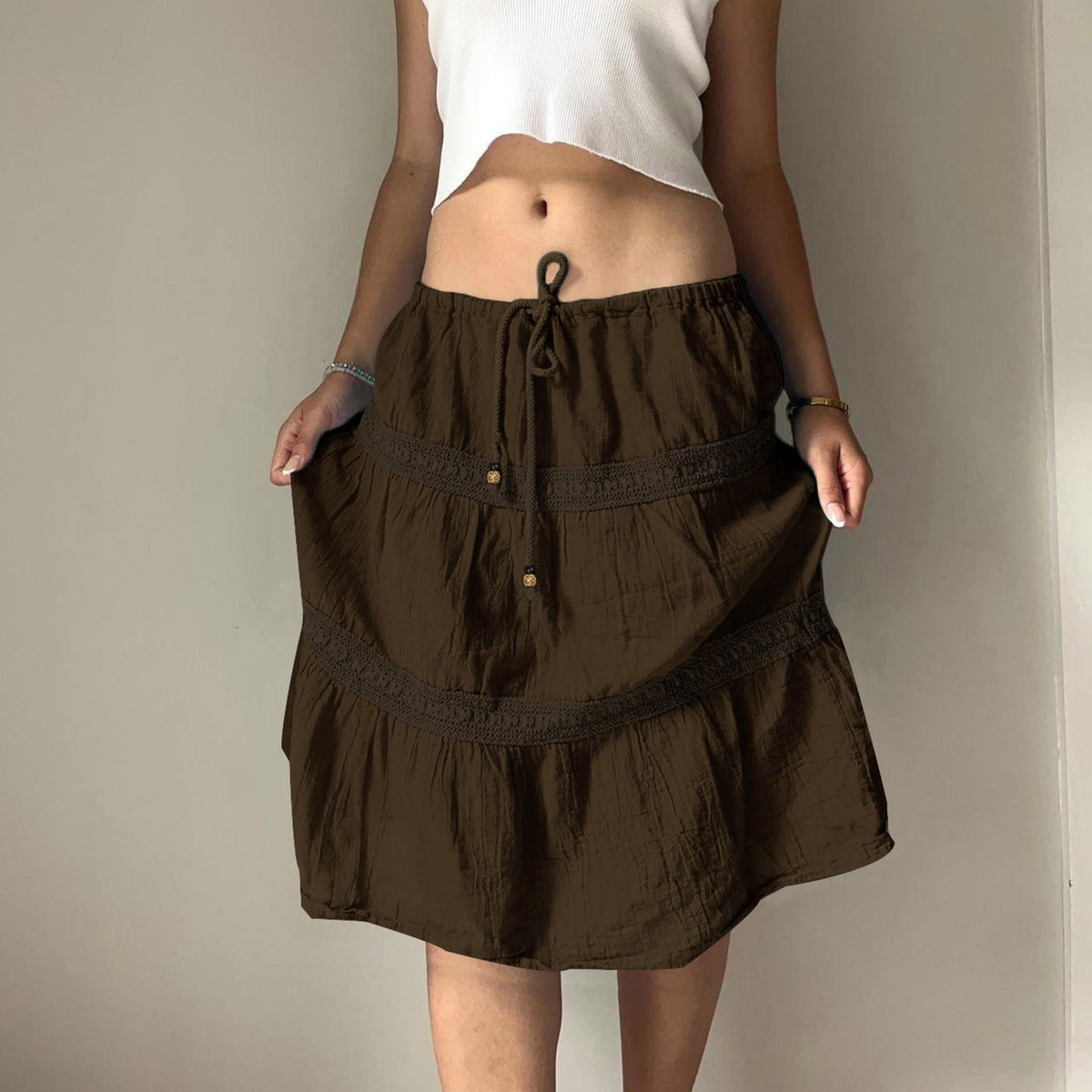 Vintage brown pleated patchwork solid color skirt