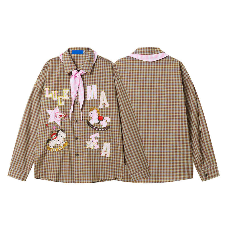Brown plaid long sleeved lapel shirt