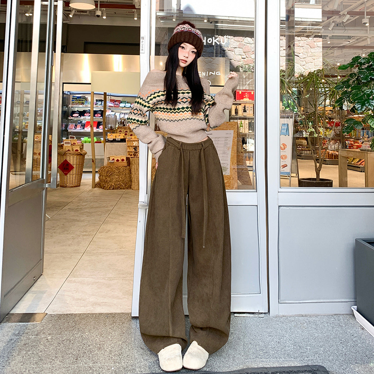 Muted Brown Knife-Edge Pants Women Loose Lazy Style Pants