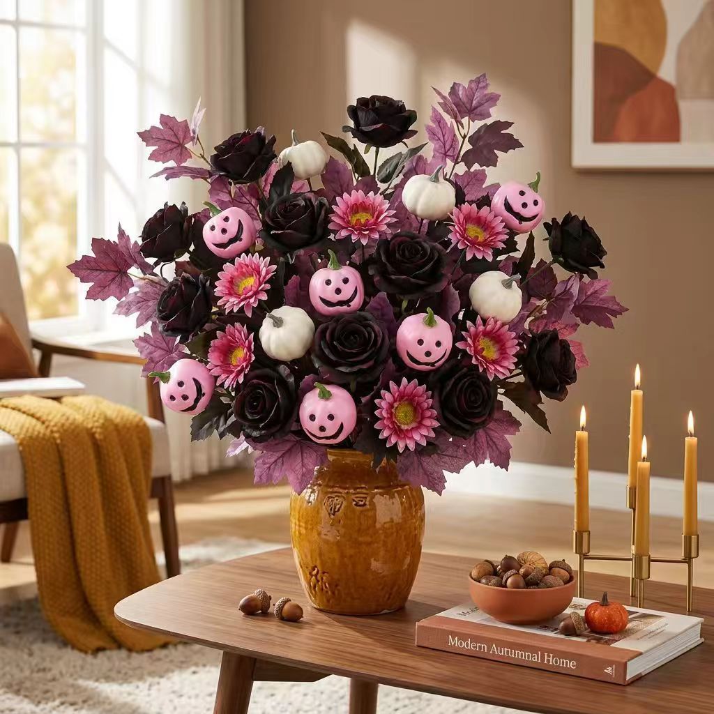 Artificial Autumn Pumpkin Gothic Harvest Festival Black Halloween Decoration Artificial Dark Style Flower Bouquet