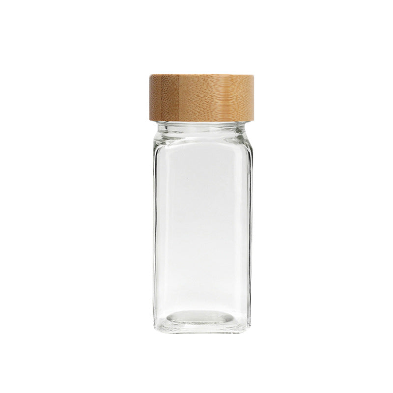 Acacia Wood Cover 120ml Square Glass Seasoning Jar 6Pcs