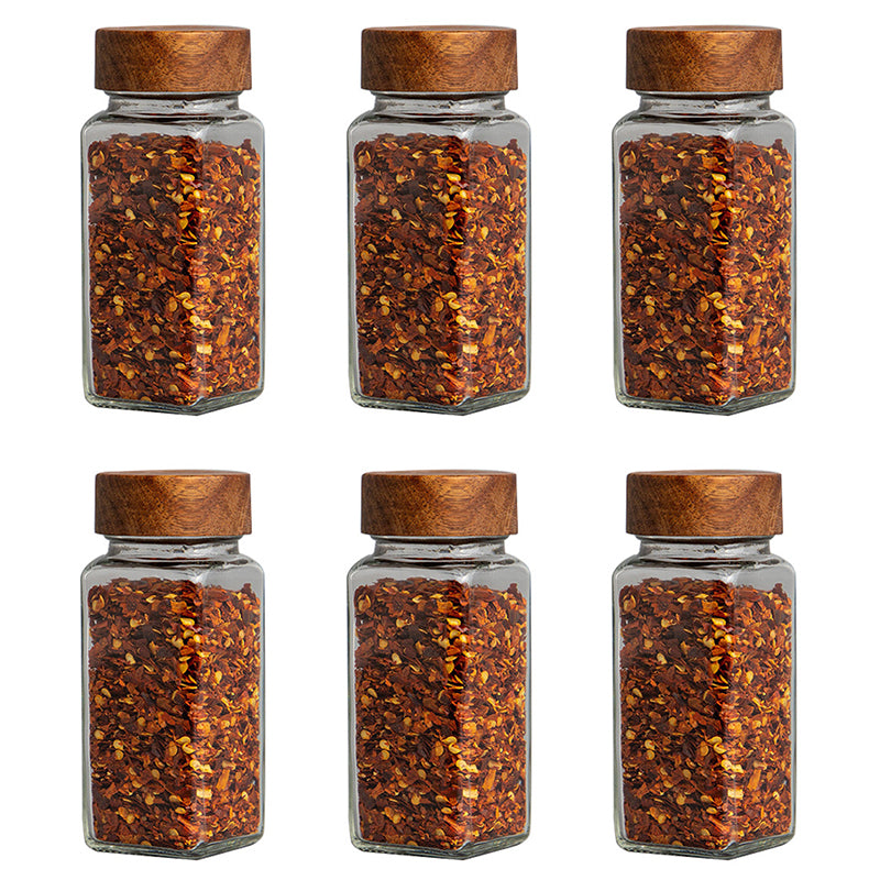 Acacia Wood Cover 120ml Square Glass Seasoning Jar 6Pcs