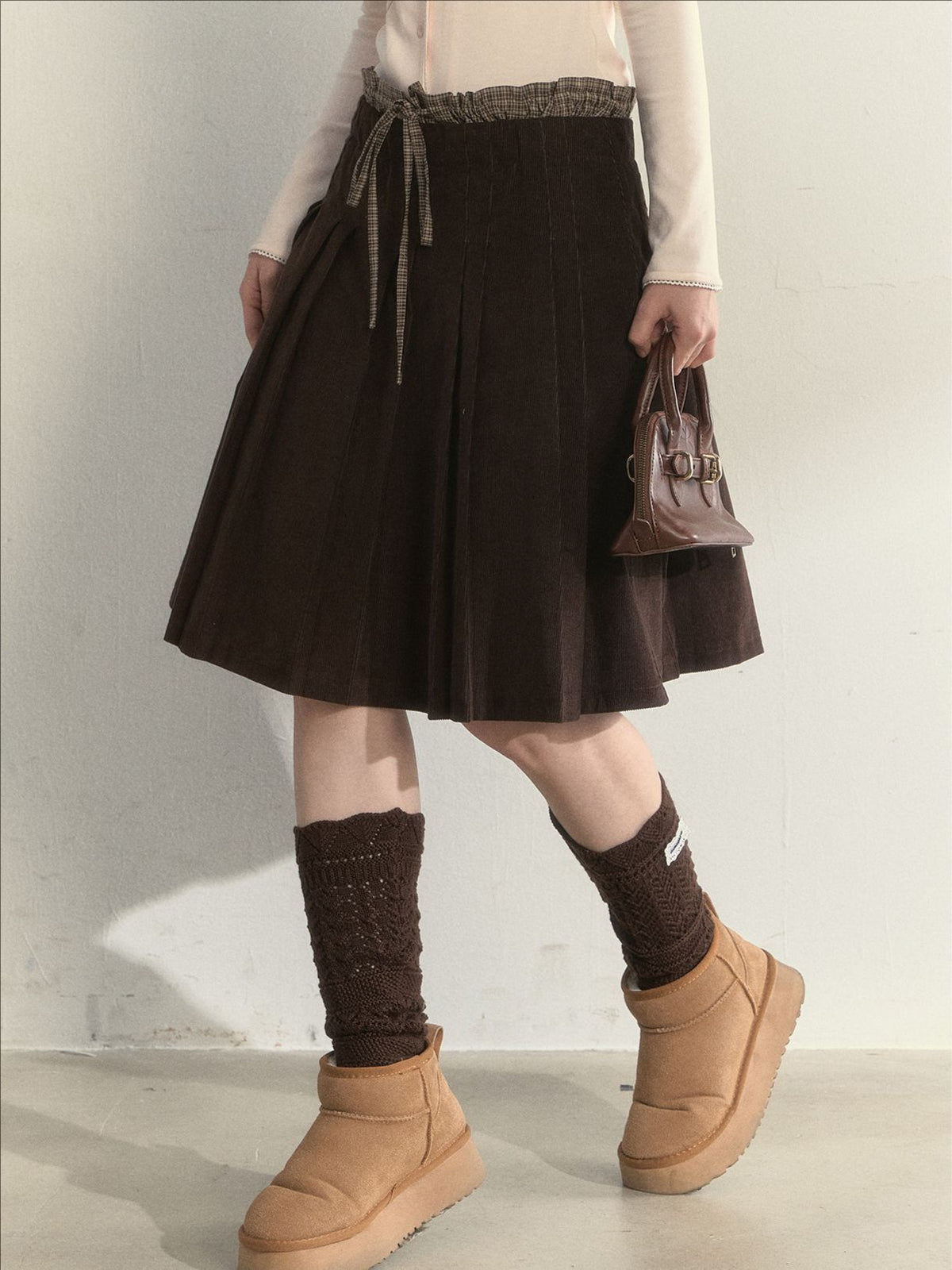 Brown Corduroy Double Waistband Design Pleated Skirt