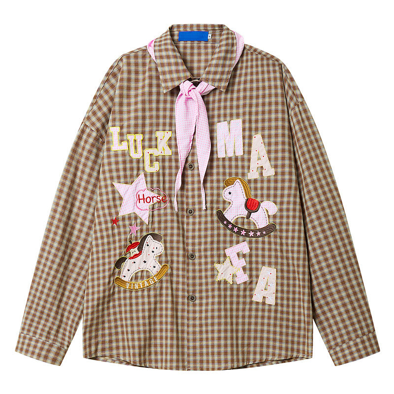 Brown plaid long sleeved lapel shirt