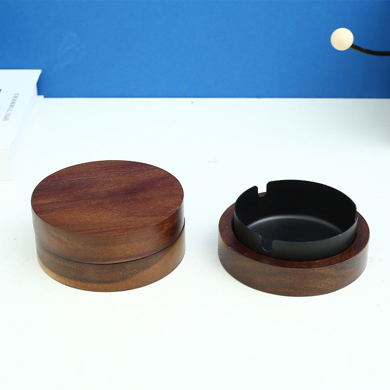 Creative solid wood ashtray with cover Living room Office New Chinese walnut windproof wood ashtray can be carved