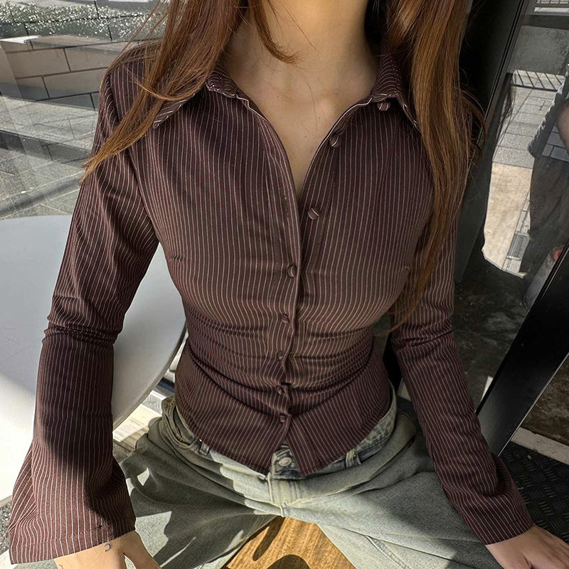 Brown striped lapel shirt T-shirt