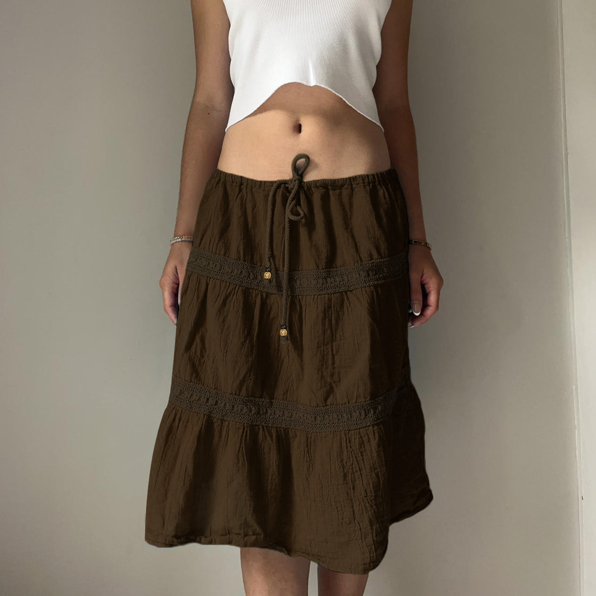 Vintage brown pleated patchwork solid color skirt
