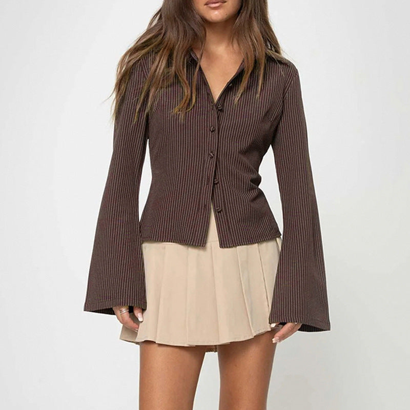 Brown striped lapel shirt T-shirt