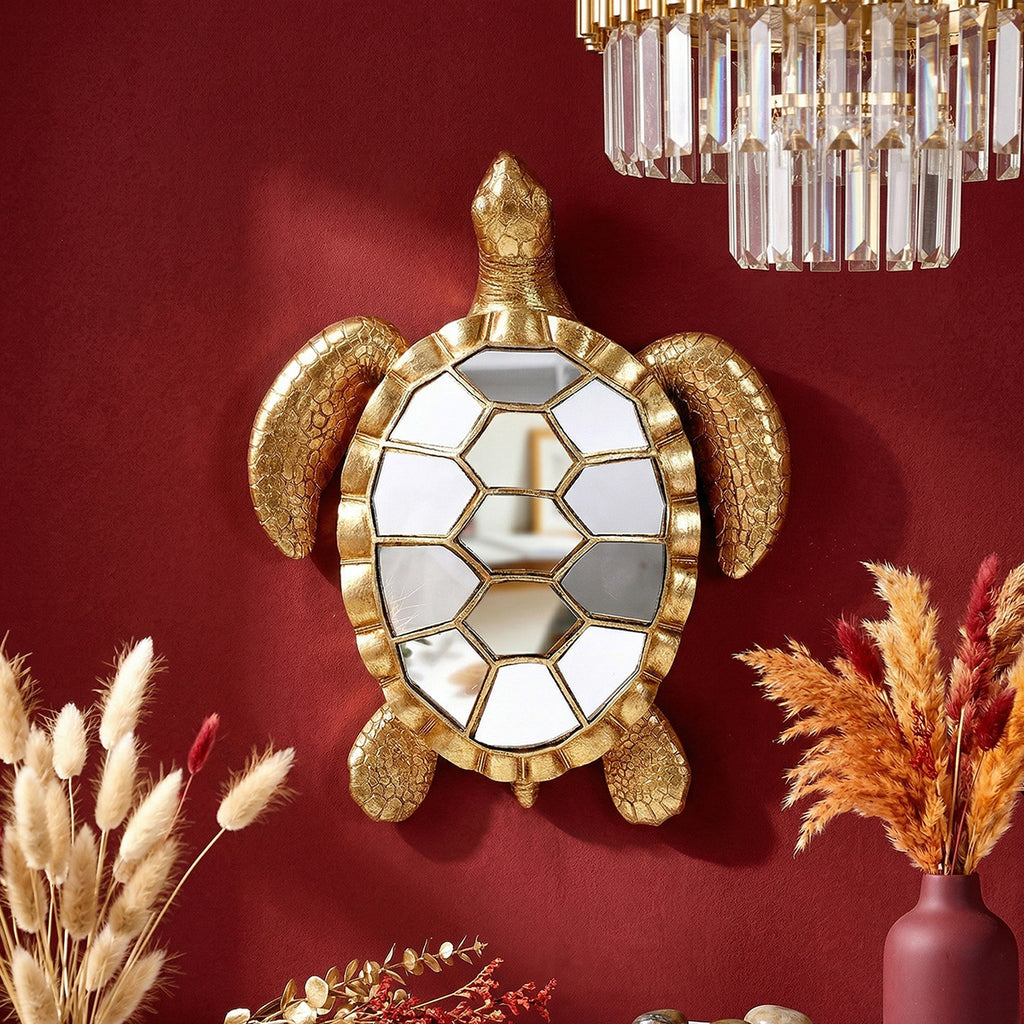 Golden resin turtle statue mirror glass decoration