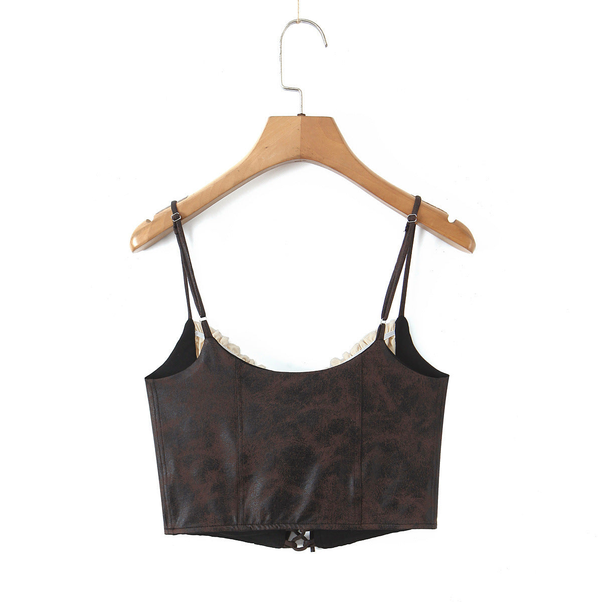 Spicy girl style brown patchwork base shirt with short suspender top