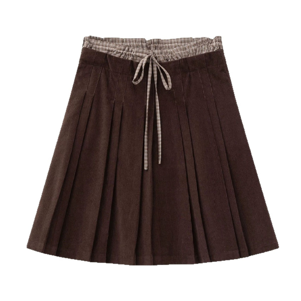 Brown Corduroy Double Waistband Design Pleated Skirt